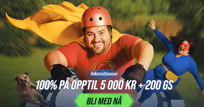 Velkomstbanner for Vegas Hero Casino i Norge â 100% opptil 5 000 KR + 200 GS